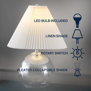 Louisa 22.5" Mid-Century Modern Round Glass/Iron Pleated Shade LED Table Lamp - JONATHAN Y